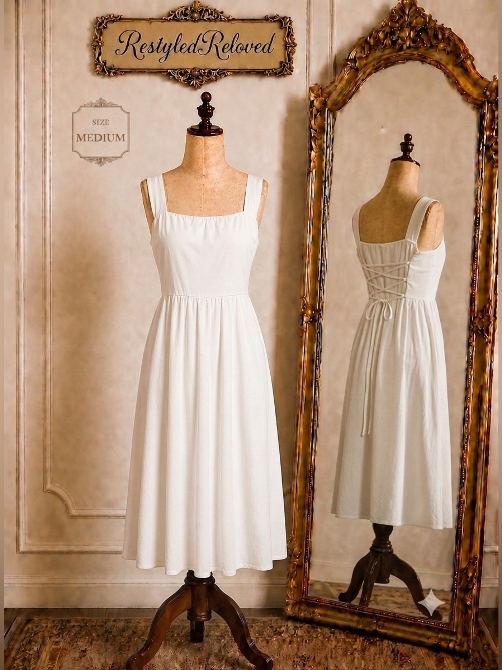OYS White Sleeveless Square Neck Midi Dress with Lace-Up Back | Size Medium